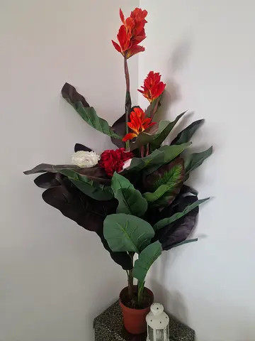 Artificial Red  White Flowering Potted Plant - Decorative Home Accent