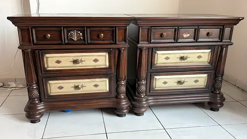 Pair of Vintage Style Wooden Nightstands with Ornate Details