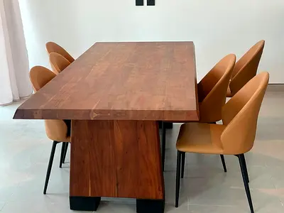 Solid Wood Dining Table with 6 Tan Leather Chairs - Modern Minimalist Set