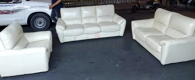 Cream white leather 3-piece sofa set — 3-seater, 2-seater and armchair