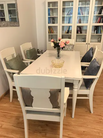 White Wooden Dining Table with 6 Chairs - Classic Style