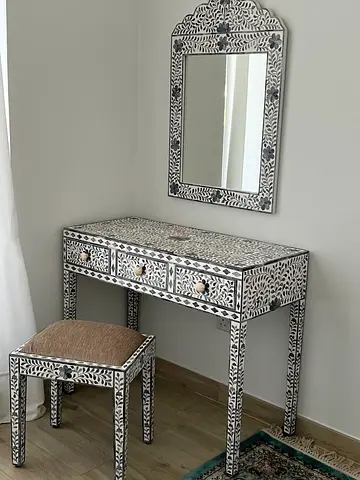 SET: Dressing Table Stool Mirror. Blue Bone Inlay