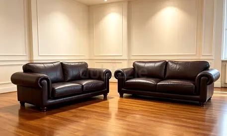 Set of 2 Genuine Leather Roll-Arm Sofas - Dark Brown, Good Condition
