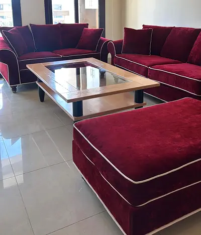 Burgundy Velvet Sofa Set + Coffee Table + Carpet