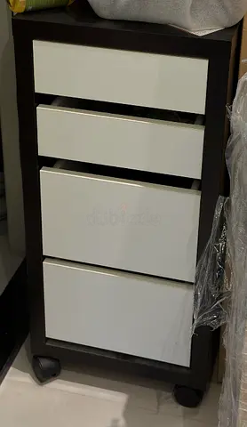 Mobile 4-drawer bedside/office cabinet on wheels - dark frame, white drawers