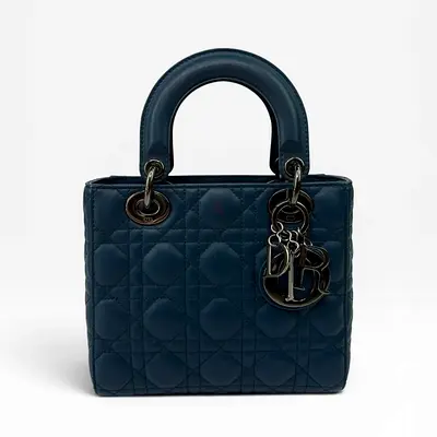 AUTHENTIC CHRISTIAN DIOR LADY DIOR SMALL BAG IN DENIM BLUE WITH SILVER HARDWARE