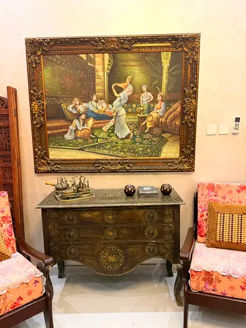 Antique-Style Brass Inlaid Chest / Console Table with Decorative Frame Painting