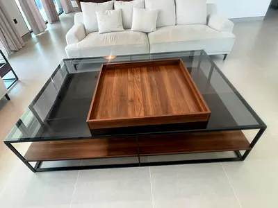 Modern Rectangular Glass Top Coffee Table with Wooden Tray along with console