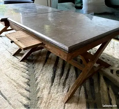 Solid Wood Coffee Table with Blue/Grey Stone Top and Pull-Out Tray (Single unit only)