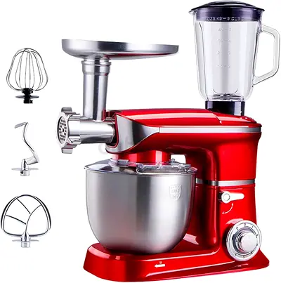 Red Multifunction Stand Mixer with Blender  Meat Grinder Attachments