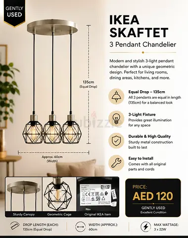 IKEA SKÄFTET 3-Pendant Chandelier - Modern Geometric Ceiling Light