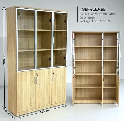 Beige 3-Door Tall Office Storage Cabinet with Glass Upper Doors (200cm)