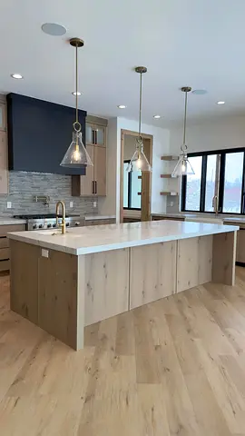 Modern Solid Wood Kitchen Island with Quartz Top and Pendant Lighting