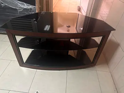 Dark Wood TV Stand with Glass Shelves - Small Entertainment Unit