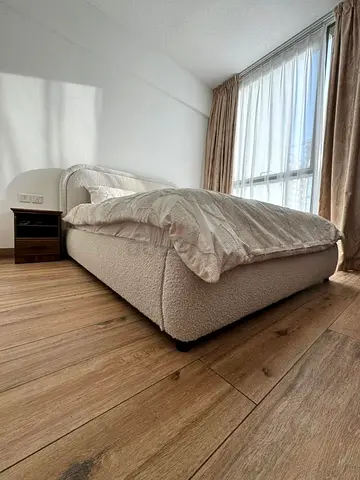 Cozy upholstered double bed with low profile frame (beige bouclé) Mattress and bedding not included