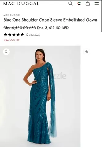 Blue One Shoulder Cape Sleeve Gown  Dress - Size S - M