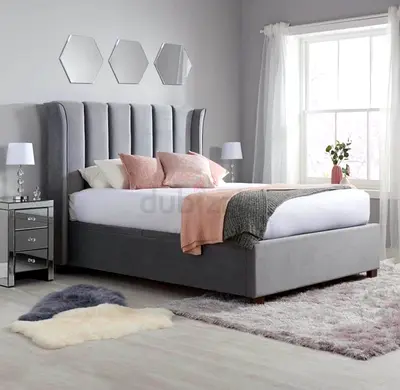 Grey Upholstered King Bed with Winged Headboard