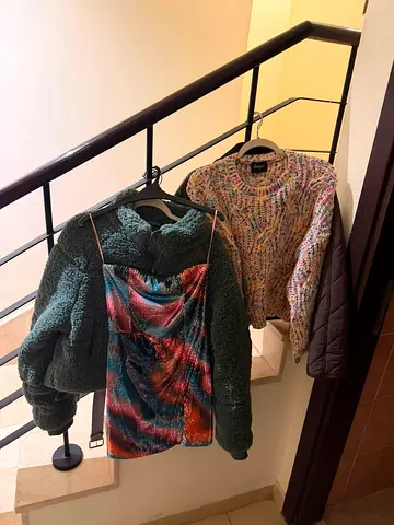 Bundle of womens winter items: Teddy jacket, knit sweater and dress (used)