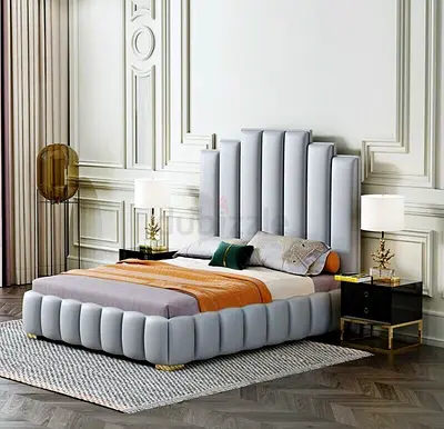Modern upholstered king size bed with tall panel headboard - light grey
