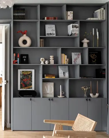 Large Grey Built-in Bookcase / Display Cabinet with Lower Storage