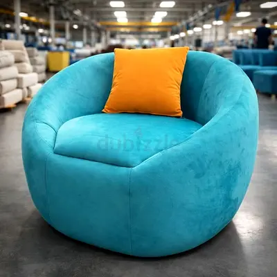 Round Teal Velvet Accent Chair with Orange Cushion