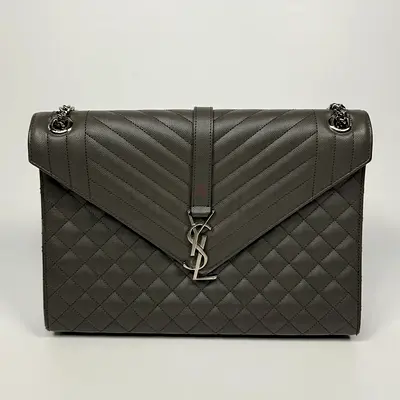 AUTHENTIC SAINT LAURENT LARGE GREY GRAINED LEATHER ENVELOPE SHOULDER BAG