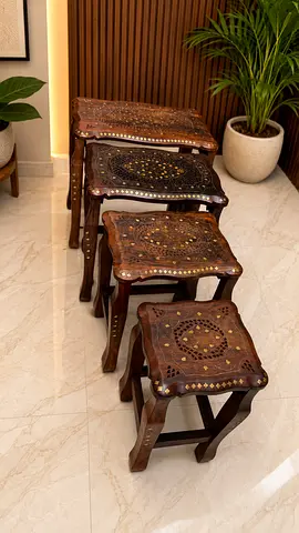 4-Piece Hand-Carved Wooden Nesting Tables with Brass Inlay