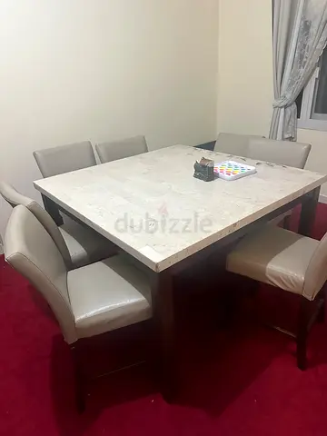 Marble Top Dining Table with 6 Beige Leather Chairs