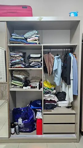 Used Sliding Wardrobe with Mirror and Open Shelves - Light Wood Finish