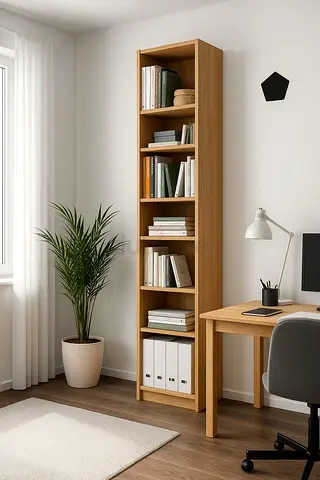 Tall narrow wooden bookshelf - 6 shelves, oak finish