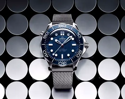 Omega Seamaster Diver  Blue Dial Mens Watch with Mesh Bracelet