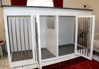 Customize Double Dog Crate made in our own workshop/ Indoor Kennel – White Hard Wood with Metal Bars