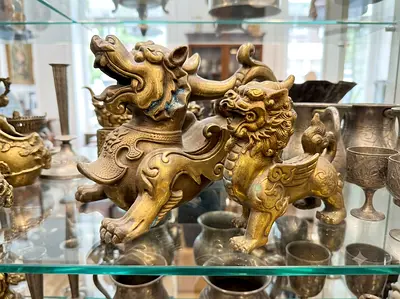 Pair of Antique Chinese Bronze Foo Dog / Guardian Lion Statues Made Of Brass