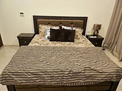 Queen size bed frame with headboard and 2 bedside tables - dark wood with mattress