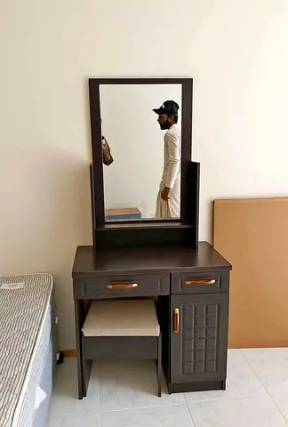 Dark Wooden Dressing Table with Mirror, Stool and Storage - Brand New