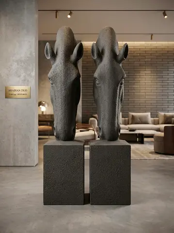 Pair of Modern Horse Head Sculptures on Plinths - Decorative Statues