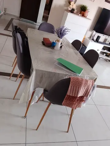 6-seater dining table with modern chairs (used, good condition)