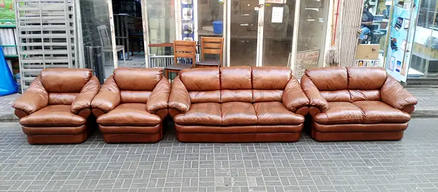 Brown Leather 4-Piece Sofa Set – 3-Seater, 2-Seater + 2 Armchairs, Good Condition