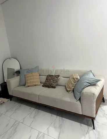 Modern 3-Seater Fabric Sofa with Wooden Base - Light Beige