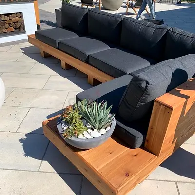 Modern Wooden L-Shaped Outdoor Sofa with Dark Grey Cushions