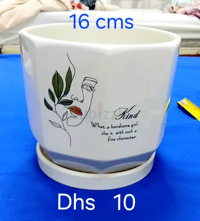 Ceramic Plant Pot with Saucer - 16 cm (White, Face Print)