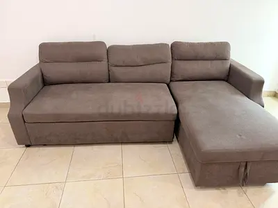 Brown L-shaped 3-seater Sofa with Chaise and storage. Good Condition