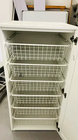 White Storage Cabinet with 6 Pull-Out Wire Baskets
