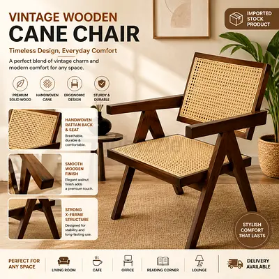 Two Pieces Wooden Cane Accent Lounge Chair Mid-Century Modern Armchair