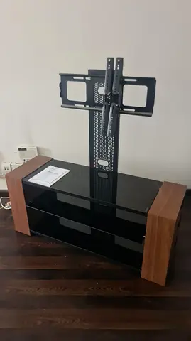 Modern TV Stand with Mount — Glass Shelves and Wood Ends