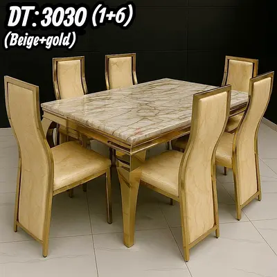 Beige  Gold 7-piece Marble Top Dining Table Set (1+6) - Excellent Condition