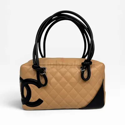 AUTHENTIC CHANEL CAMBON BOWLING BAG IN BEIGE / BLACK LAMBSKIN LEATHER WITH SILVER HARDWARE