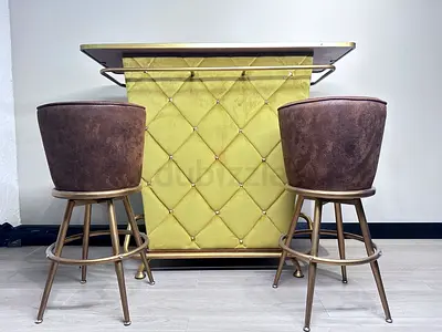 Upholstered Home Bar Unit with 2 Matching Bar Stools - Good Condition