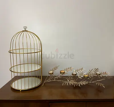 Gold Metal Decorative Birdcage Cake Stand and Candle Holder Set