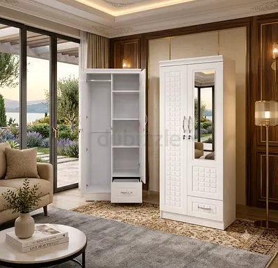 Brand New White 2-Door Wardrobe with Mirror and Drawer For Sale